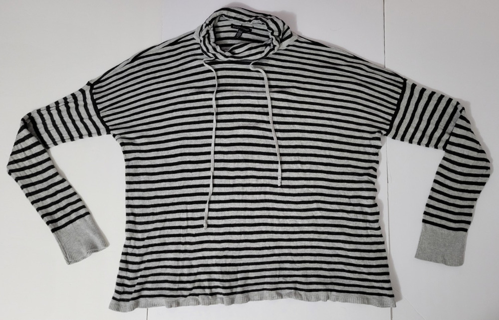 Eileen Fisher Womens L Gray Black Striped Cowl Neck Tencel Long Sleeve Top